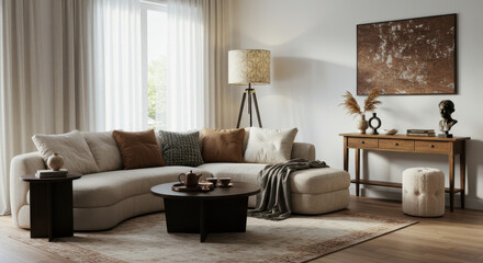 Cozy Neutral Living Room: Stylish Sofa, Warm Tones, and Modern Decor | Interior Design Inspiration