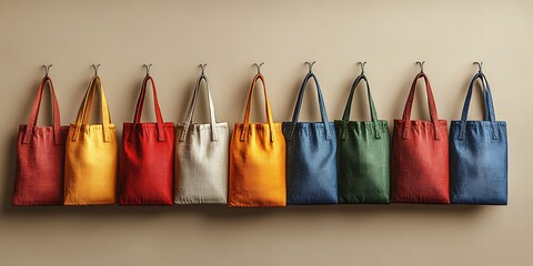 Colorful Tote Bag Mockup Hanging on Beige Wall for Branding and Product Display

