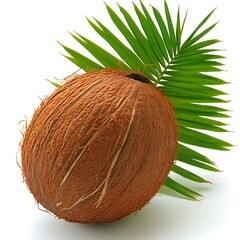 Coconut with palm leaf