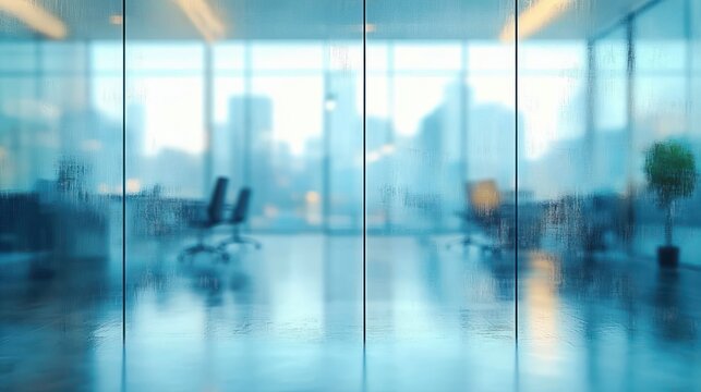 Modern office space with glass walls fogged by condensation overlooking a cityscape with office chairs and a potted plant, evoking calm and quiet atmosphere
