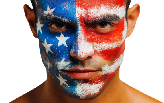Man with face painted in flag colors, displaying an intense expression of pride and passion isolated on white background PNG