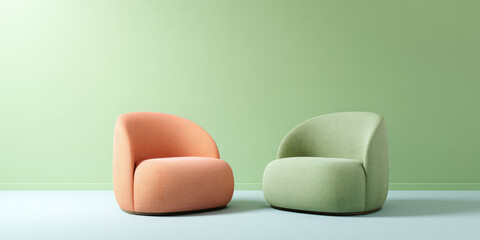 Two modern armchairs, one orange and one green, are placed on a light floor against a pale green wall. Contemporary interior design concept