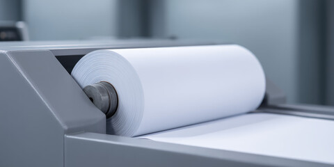 A large roll of white paper is mounted in a printing machine, ready for use. Industrial, printing, machinery, paper processing, technology