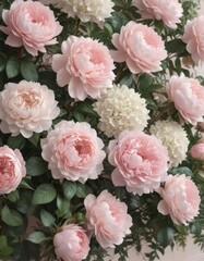 Muted pastel pink floral wall; delicate vintage roses, peonies, hydrangeas, studio background, artificial flowers, floral design