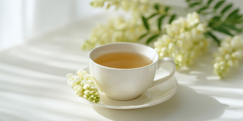A white teacup filled with tea is placed on a saucer, surrounded by delicate white flowers on a sunlit surface. Tranquil tea moment, floral elegance