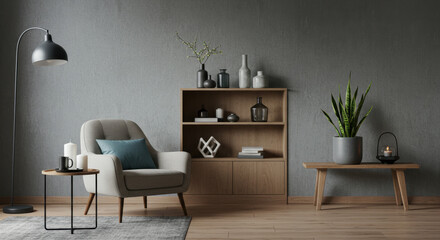  Serene Interior: Armchair, Bookshelf & Plant. Modern Living Room with Cozy Reading Nook in Gray & Wood Tones.