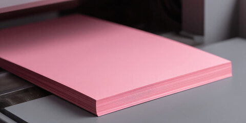 Pink sheets of paper are neatly stacked in a printer tray. Printing, office supplies, stationery