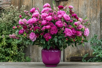 A vibrant floral arrangement of peonies and other blossoms in shades of pink and purple, displayed in a deep purple vase