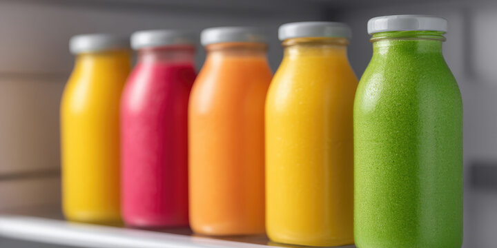 Five colorful bottles filled with different juices are placed on a shelf. Vibrancy, freshness, variety