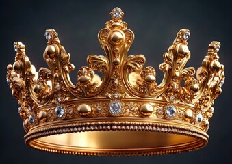 Fototapeta premium ornate golden crown decorated with large and small clear gemstones against a dark background, symbolizing royalty and luxury