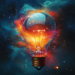 Illuminated lightbulb in a cosmic nebula