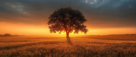 Solitary tree standing in a vast golden wheat field during a glowing sunset with a dramatic cloudy sky