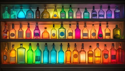 Colorful liquor bottles arranged on illuminated shelves.