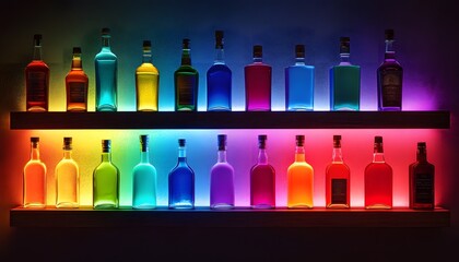 Colorful liquor bottles illuminated on a wooden bar shelf.