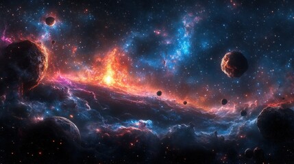 Cosmic nebulae, vibrant nebulous clouds, and celestial bodies