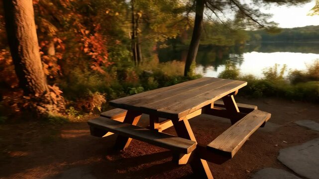 Tranquil autumn scene featuring a rustic wooden picnic table overlooking a calm lake at sunset, surrounded by colorful trees in nature.