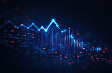 Fototapeta premium Abstract digital financial chart with glowing blue line graph and dynamic data points on dark background symbolizing technology and market trends