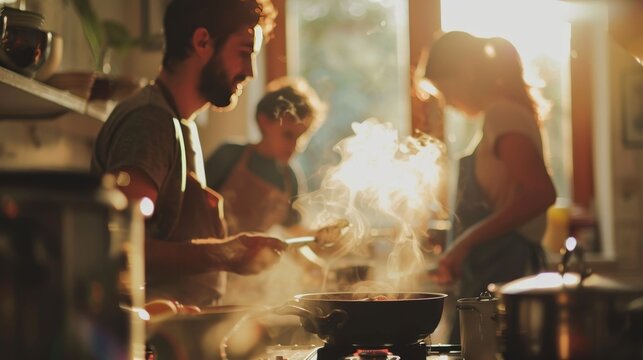multicultural family cooking meal together blurred faces warm lighting .