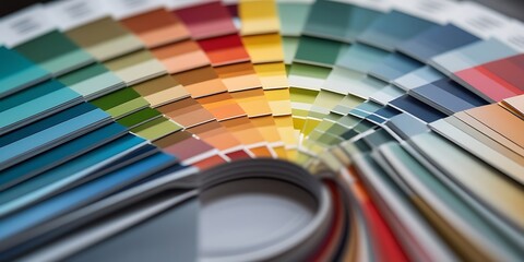 Close-up of a color swatch fan deck displaying a full spectrum of vibrant hues, ideal for design, printing, interior planning, and artistic creativity themes
