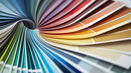 Close-up of a color swatch fan deck displaying a full spectrum of vibrant hues, ideal for design, printing, interior planning, and artistic creativity themes

