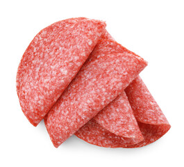 Slices of tasty smoked sausage isolated on white, top view