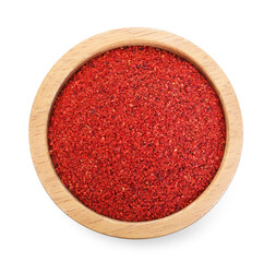 Red pepper powder in bowl isolated on white, top view