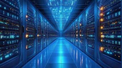 Fototapeta premium Futuristic data center server room with rows of illuminated server racks and blue ambient lighting reflecting on glossy floor conveying advanced technology and efficiency