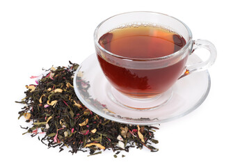 Delicious herbal tea in glass cup and dry leaves isolated on white
