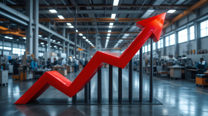Upward red arrow graph in modern factory.