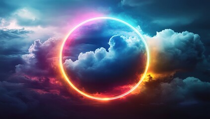 Neon Circle Frame Against Dramatic Sky