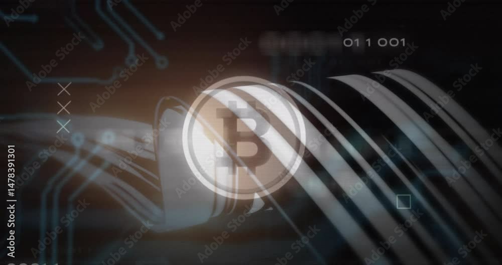 Poster bitcoin logo hologram floating over dark data network, highlighting metallic cables and binary code