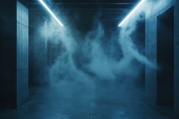 Dark Neon Blue Concrete Tunnel With Smoke