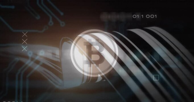 Bitcoin logo hologram floating over dark data network, highlighting metallic cables and binary code