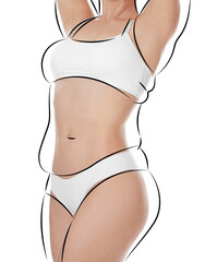 Beautiful woman with fit figure on white background, closeup. Lines around her body showing...