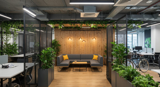 Modern Office Design: Biophilic Workspace with Plants, Wood Accents, and Comfortable Lounge Area for Enhanced Productivity & Wellbeing