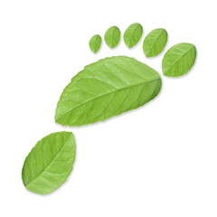 Fototapeta premium Human footprint made of green leaves on white background, top view. Environmental care, ecology protection, reducing CO2 emission