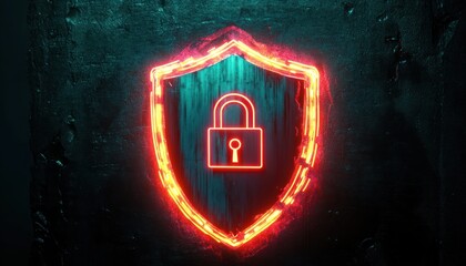 Fototapeta premium Glowing neon red and orange shield symbol with a padlock in the center on a dark textured background, representing protection and security