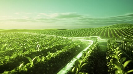 Lush green agriculture landscape with futuristic irrigation system