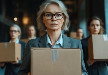 serious middle aged woman with glasses holding cardboard box in front of three other women holding boxes in dimly lit office environment