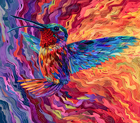 Fototapeta premium an abstract drawing of a bee eater with colorful lines, precisionist lines, light red and indigo, colorful turbulence with mixed pattern colorful background