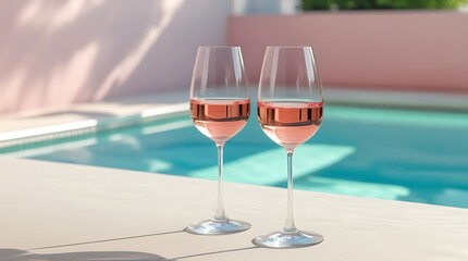 Two glasses of rosé wine on a sunlit surface beside a swimming pool, creating a luxurious summer vibe perfect for vacation, relaxation, or elegant lifestyle concepts
