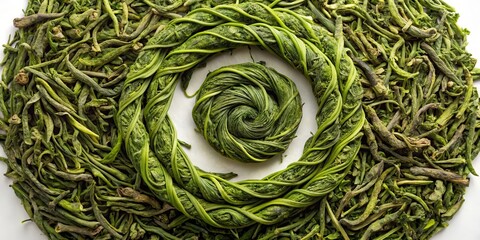 Tea leaves unfolding in a spiral shape, revealing the intricate patterns within , organic, steaming,  organic, steaming