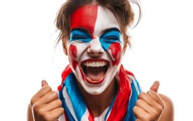 Passionate Olympic supporter with face paint and flag scarf, cheering for global unity and pride isolated on white background PNG