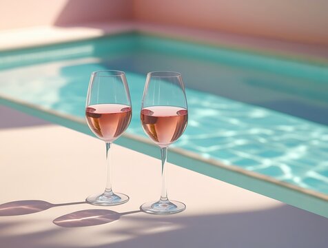 Two glasses of rosé wine on a sunlit surface beside a swimming pool, creating a luxurious summer vibe perfect for vacation, relaxation, or elegant lifestyle concepts
