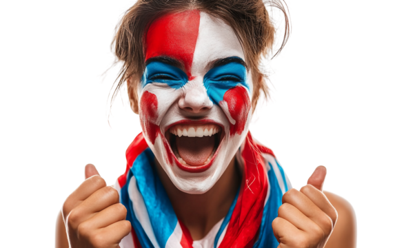 Passionate Olympic supporter with face paint and flag scarf, cheering for global unity and pride isolated on white background PNG