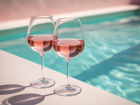 Two glasses of rosé wine on a sunlit surface beside a swimming pool, creating a luxurious summer vibe perfect for vacation, relaxation, or elegant lifestyle concepts
