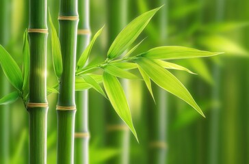 Close-up of vibrant green bamboo stalks and fresh pointed leaves in a softly blurred bamboo forest background conveying tranquility and natural beauty