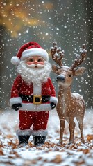Santa Claus and reindeer in a snowy forest.  A festive scene of Santa and a deer in a winter wonderland