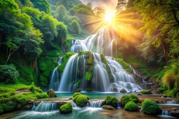 Serene Waterfall Mountain Landscape Photography: Vibrant Nature Scene, Majestic Cascade, Lush Greenery