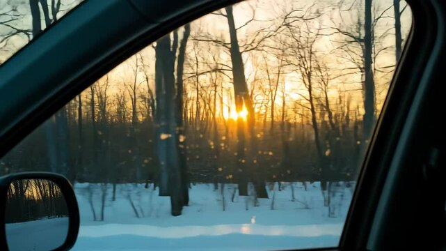 Winter sunset seen through car window in snowy forest  